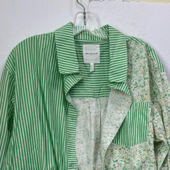AVEC LES FILLES Cotton Floral Striped Oversized Mixed Print Shirt Button Up Top - Picture 4 of 11